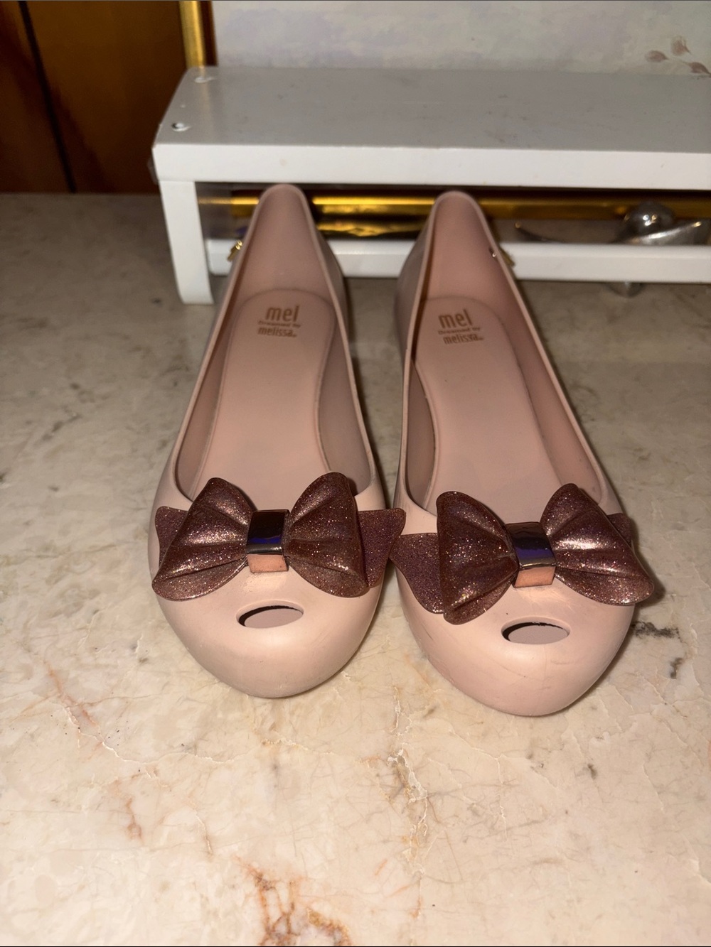 Mel by Melissa Blush Pink Jelly Flats with Glitter Bow Accent kids
